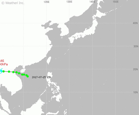 제 4호 태풍 탈라스의 진로도 입니다. 최신발표시각은 2017년 07월 17일 19시이며, 베트남 하노이 서남서쪽 약 580 km 부근 육상에 위치합니다.