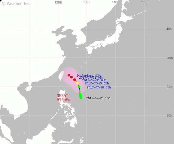제 9호 태풍 네삿의 진로도 입니다. 최신발표시각은 2017년 07월 27일 04시이며, 필리핀 마닐라 동북동쪽 약 790 km 부근 해상에 위치합니다.