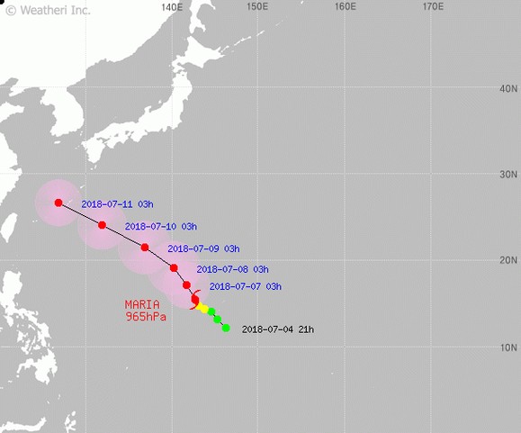 제 8호 태풍 마리아의 진로도 입니다. 최신발표시각은 2018년 07월 06일 04시이며, 괌 북서쪽 약 330 km 부근 해상에 위치합니다.